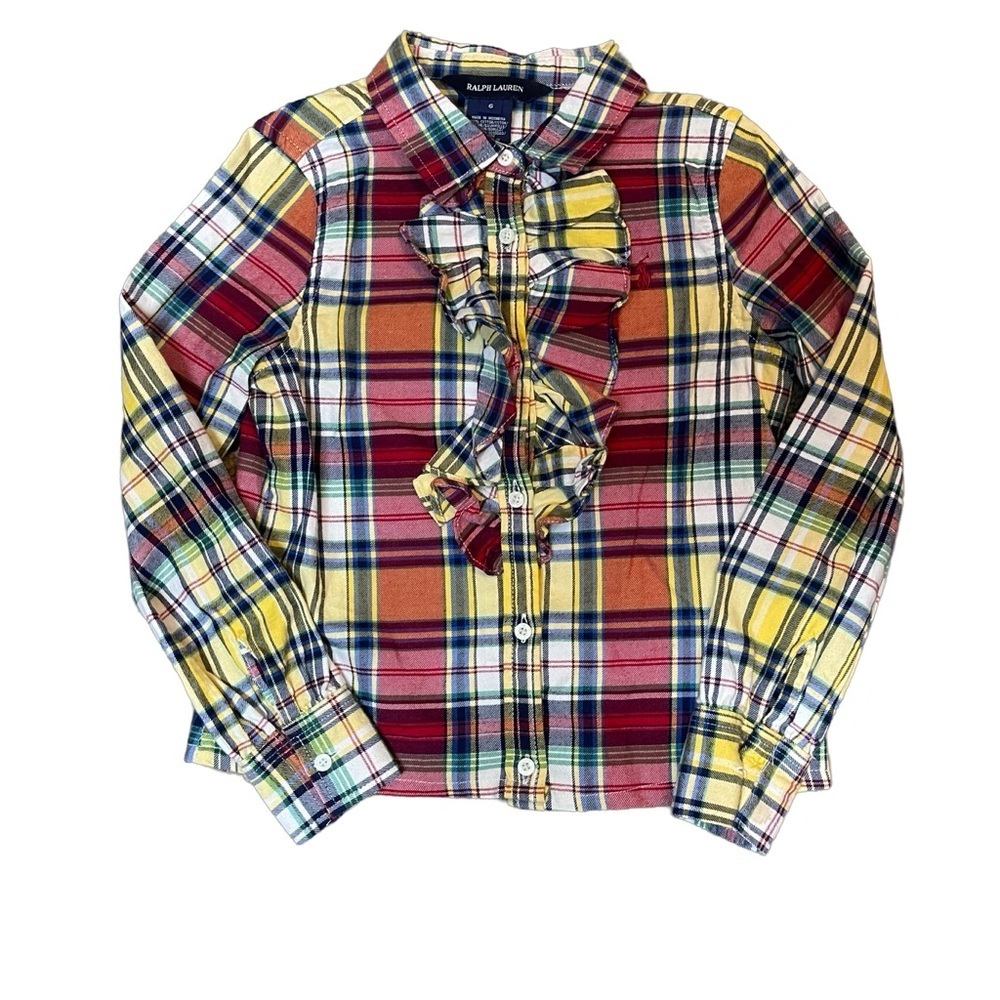 Ralph Lauren polo girls button down plaid water fall ruffle long sleeve blouse 6